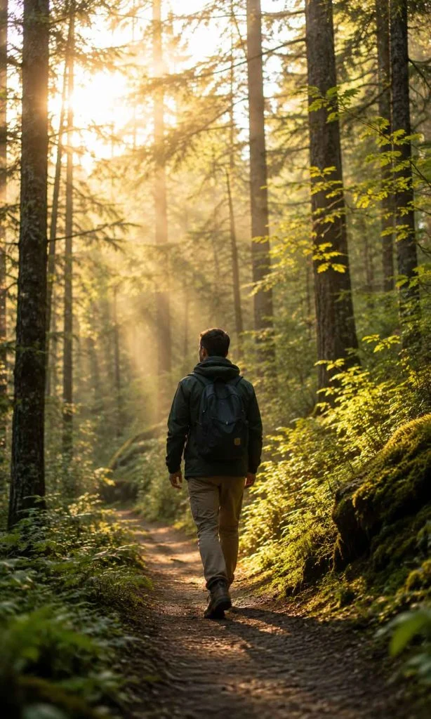 Adult walking quietly through a forest during morning light.