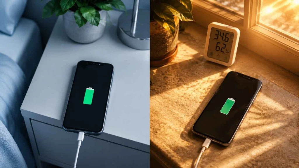 Comparison of two fully charged phones in cool and hot charging environments