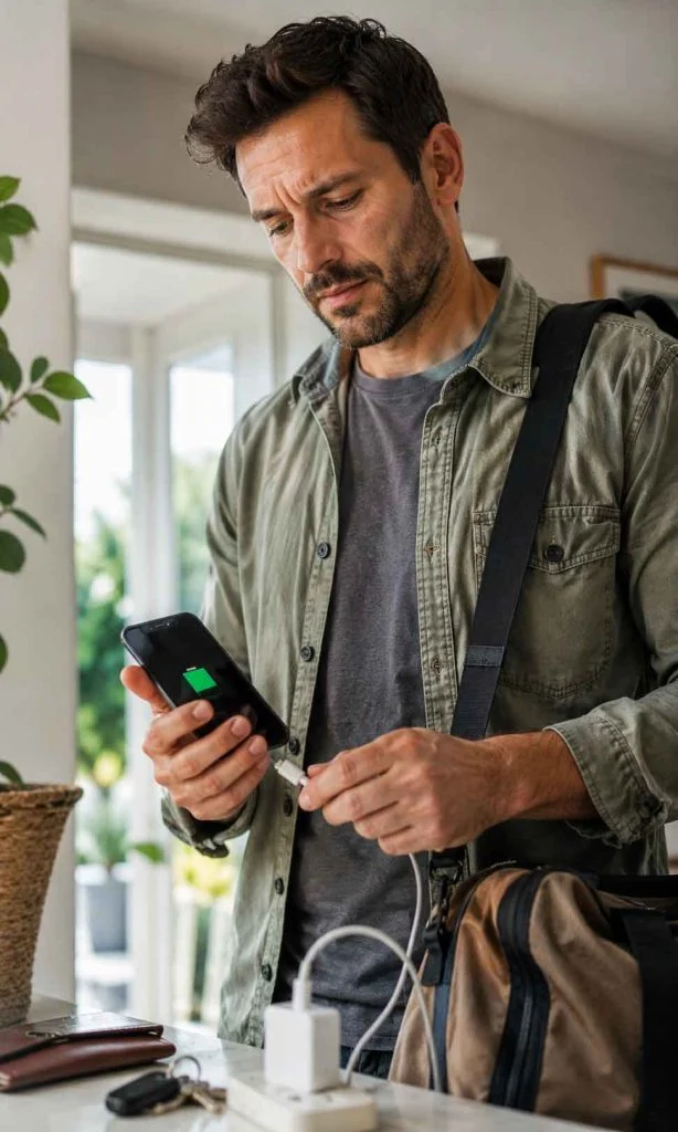 Busy smartphone owner unplugging a partially charged phone before leaving home