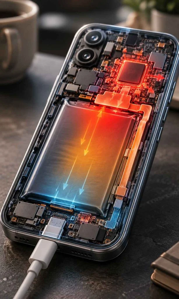 Cutaway view showing heat building around a smartphone battery during intensive use and charging