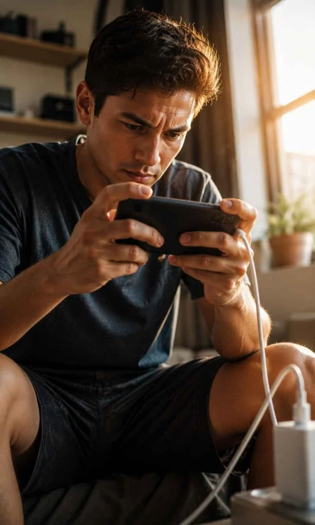 Smartphone user gaming while fast charging in a warm environment
