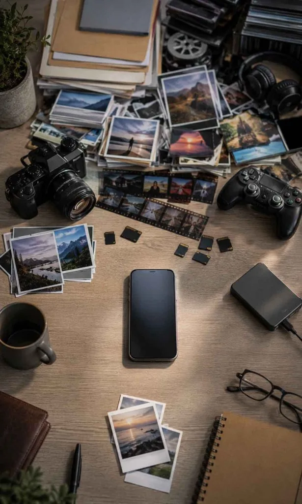 Visual comparison of smartphone storage filling with photos videos apps and games over several years