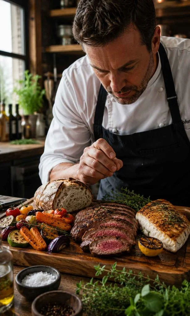 Professional chef examining the texture of freshly prepared food