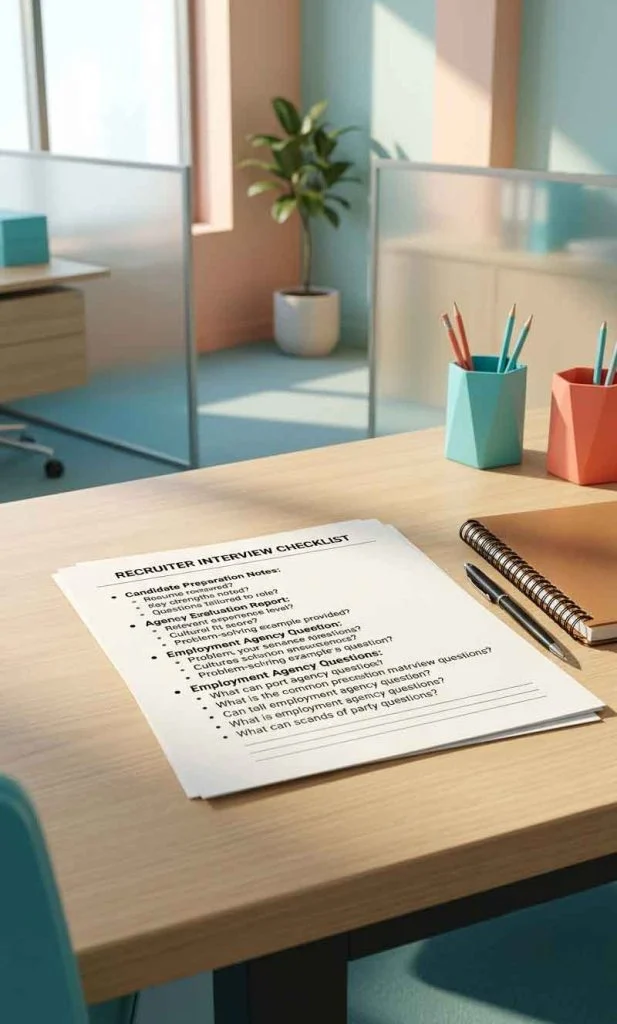 Recruitment consultation workspace displaying recruiter interview checklist, employment agency questions, and candidate preparation documents.
