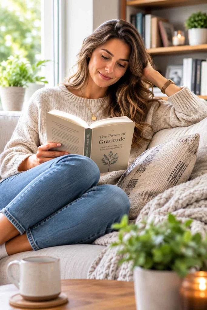 Adult reading a book quietly beside a window.
