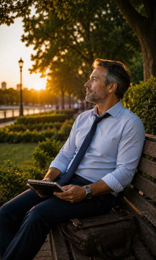 Professional quietly reflecting on personal growth while sitting in a peaceful park after work.