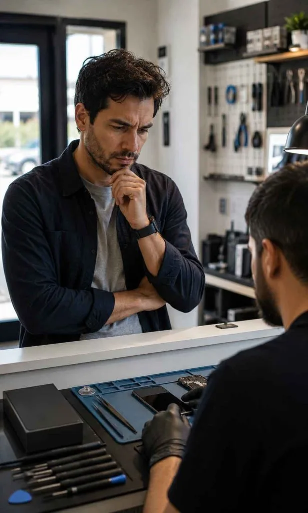 Phone owner comparing battery repair with buying a replacement smartphone