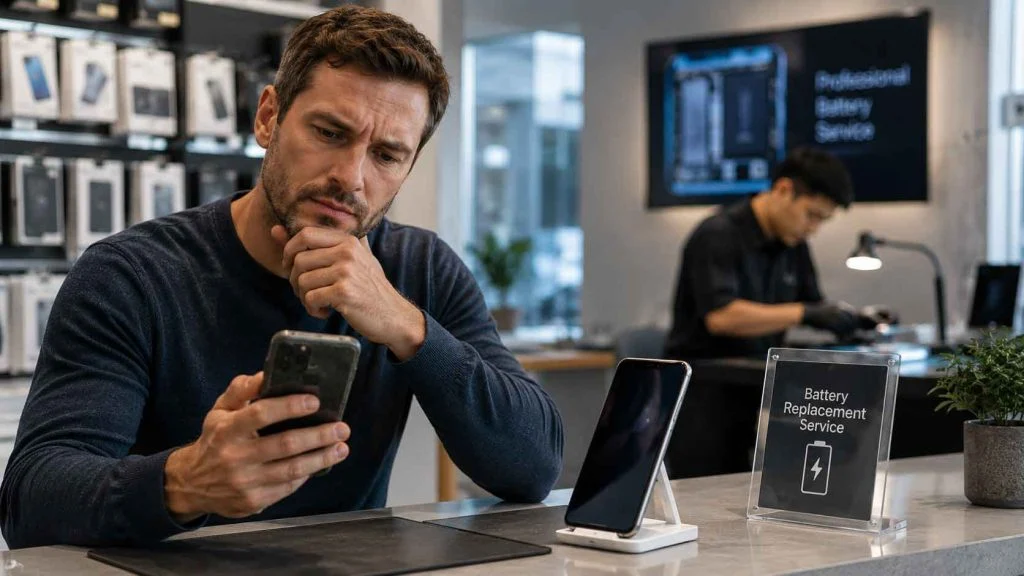 Smartphone owner comparing battery replacement with buying a new phone