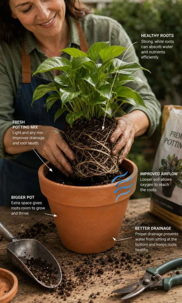 Repotting a healthy houseplant into fresh potting mix