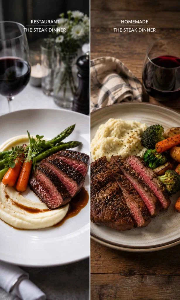 Restaurant plated meal compared with homemade version highlighting texture