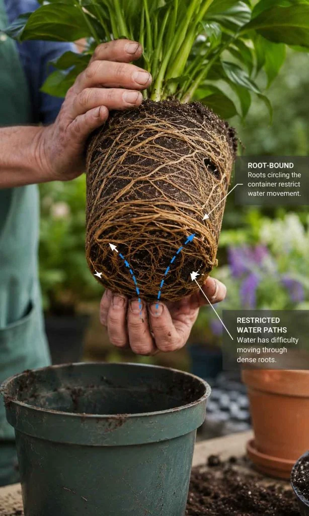 Root-bound plant restricting water movement