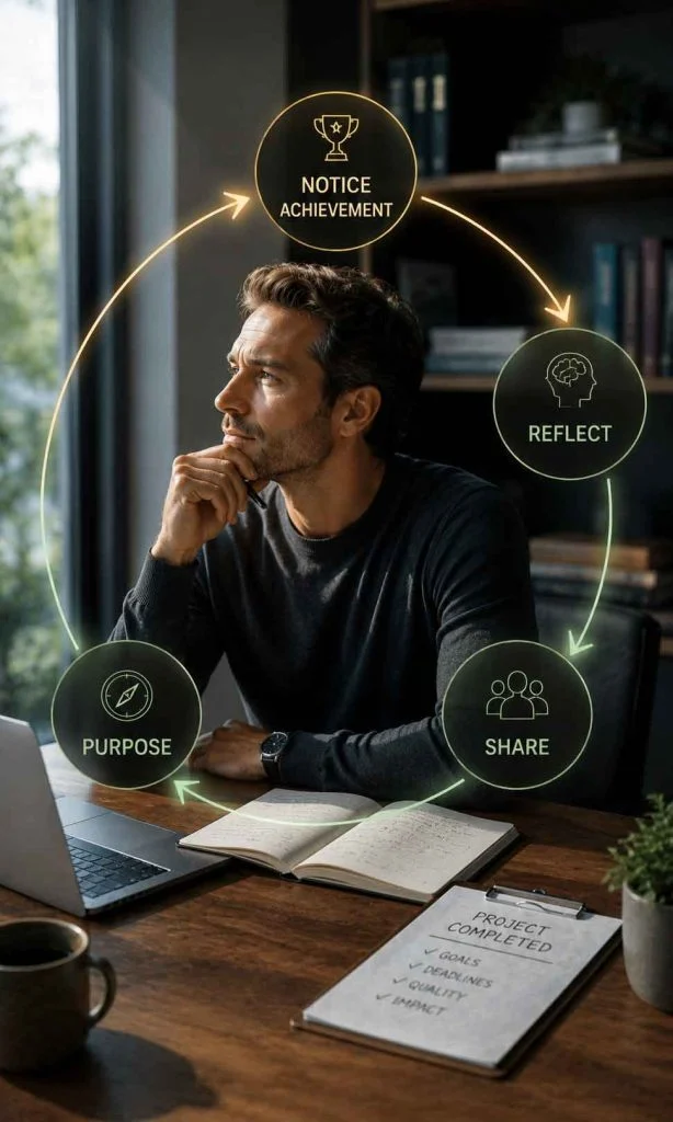 Professional reflecting after completing an important project with a visual satisfaction loop diagram.