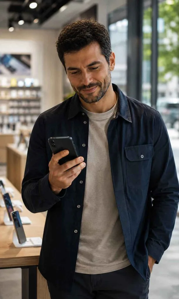 Confident smartphone buyer making a final purchase decision after comparing options