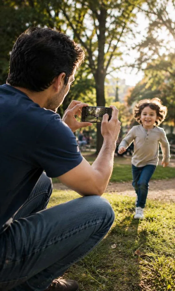 Parent photographing a moving child with a smartphone in a real-world action scene