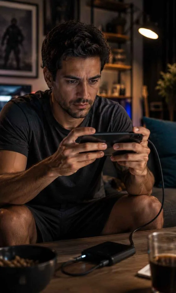 Mobile gamer using a smartphone during a demanding gaming session