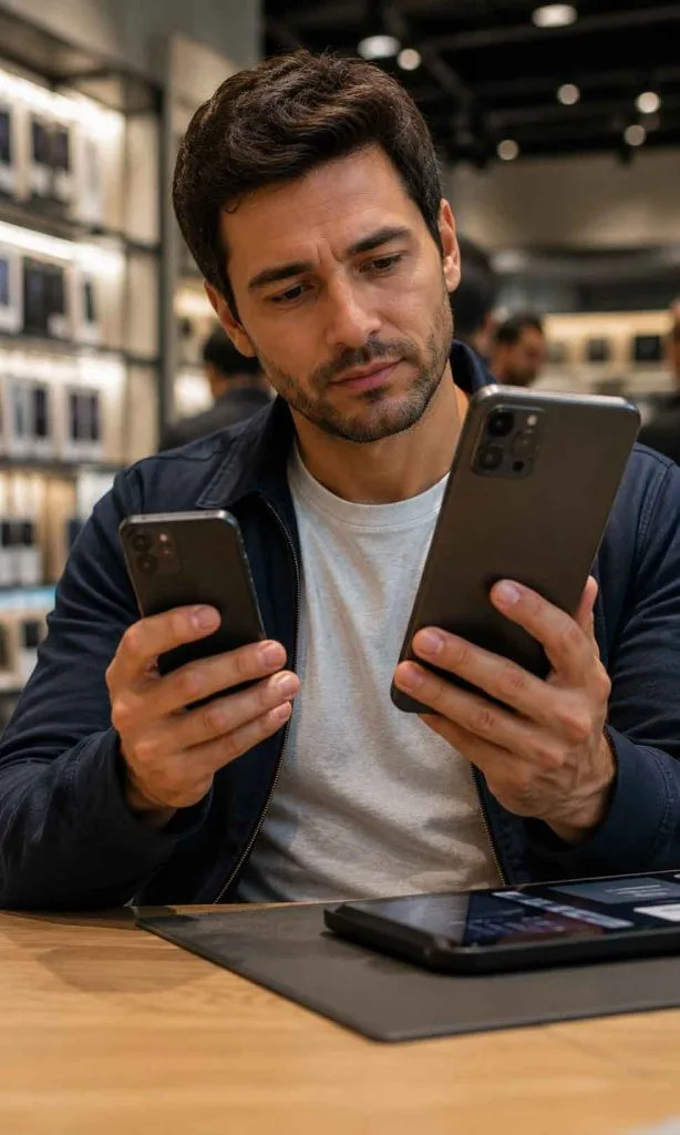 Person comparing a compact smartphone with a larger phone for hand comfort