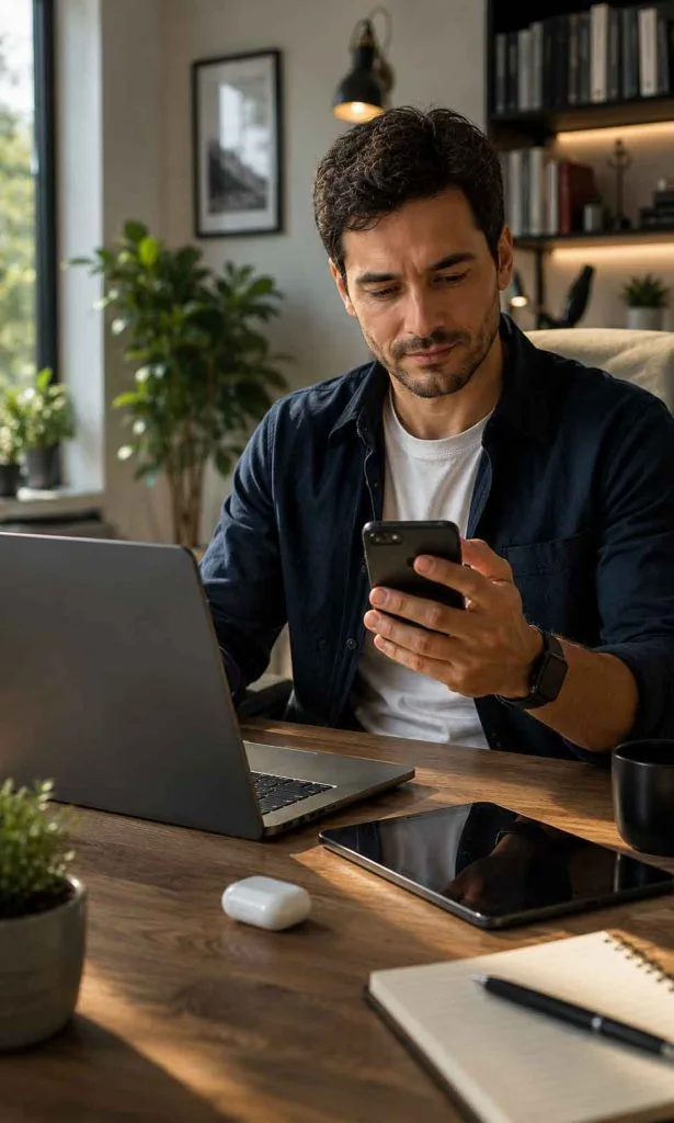 Person using a smartphone alongside a laptop smartwatch earbuds and tablet