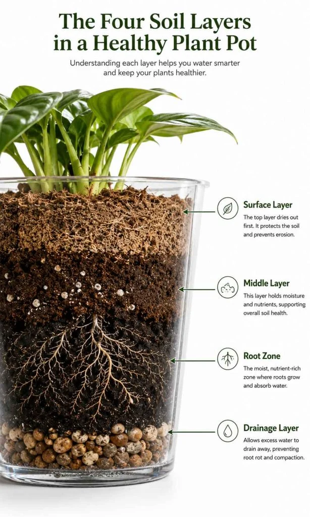 Illustrated moisture layers inside a flower pot