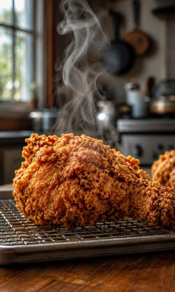 Steam rising from freshly fried food softening the crust
