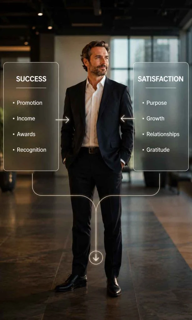 Professional comparing external success and internal satisfaction using an educational visual guide.