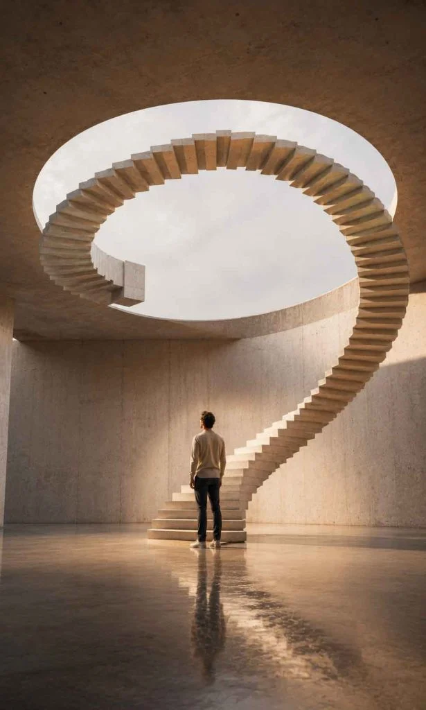 Endless minimalist staircase almost forming a perfect circle with one unfinished step