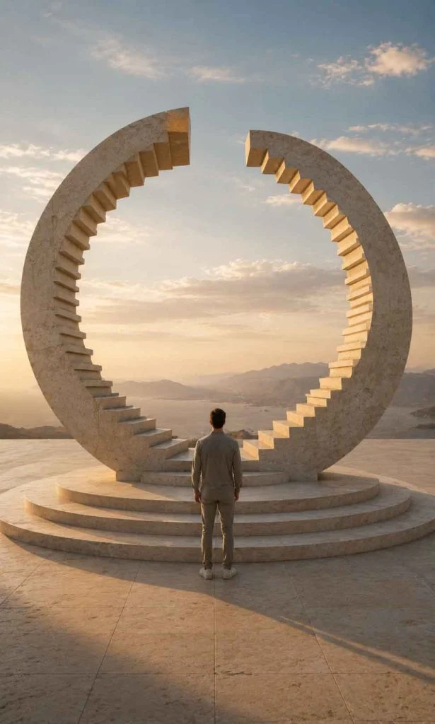 Monumental circular stone staircase intentionally left incomplete symbolising obsessive-compulsive disorder