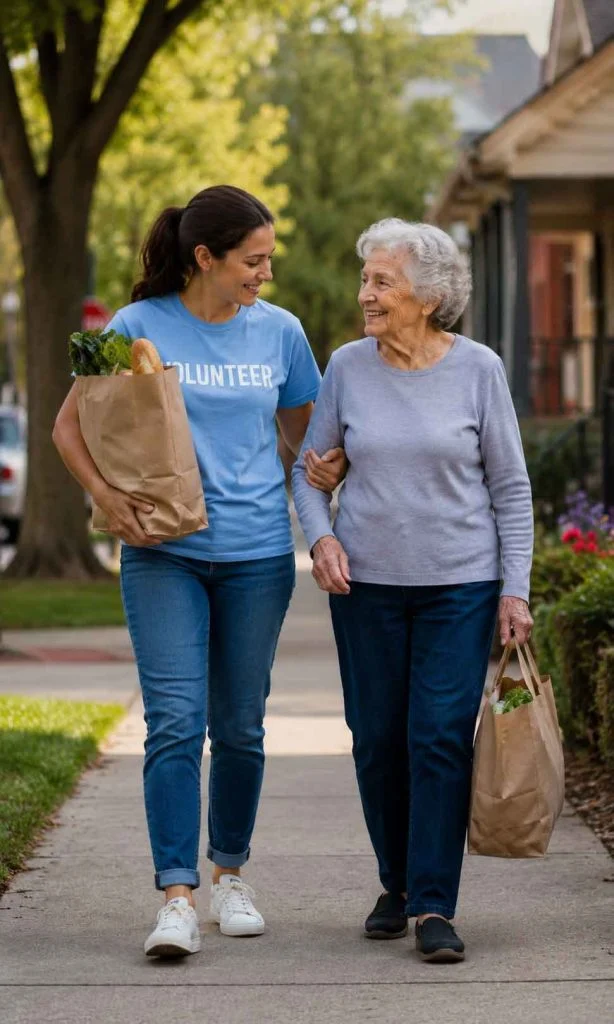 Volunteer helping an older adult carry groceries.