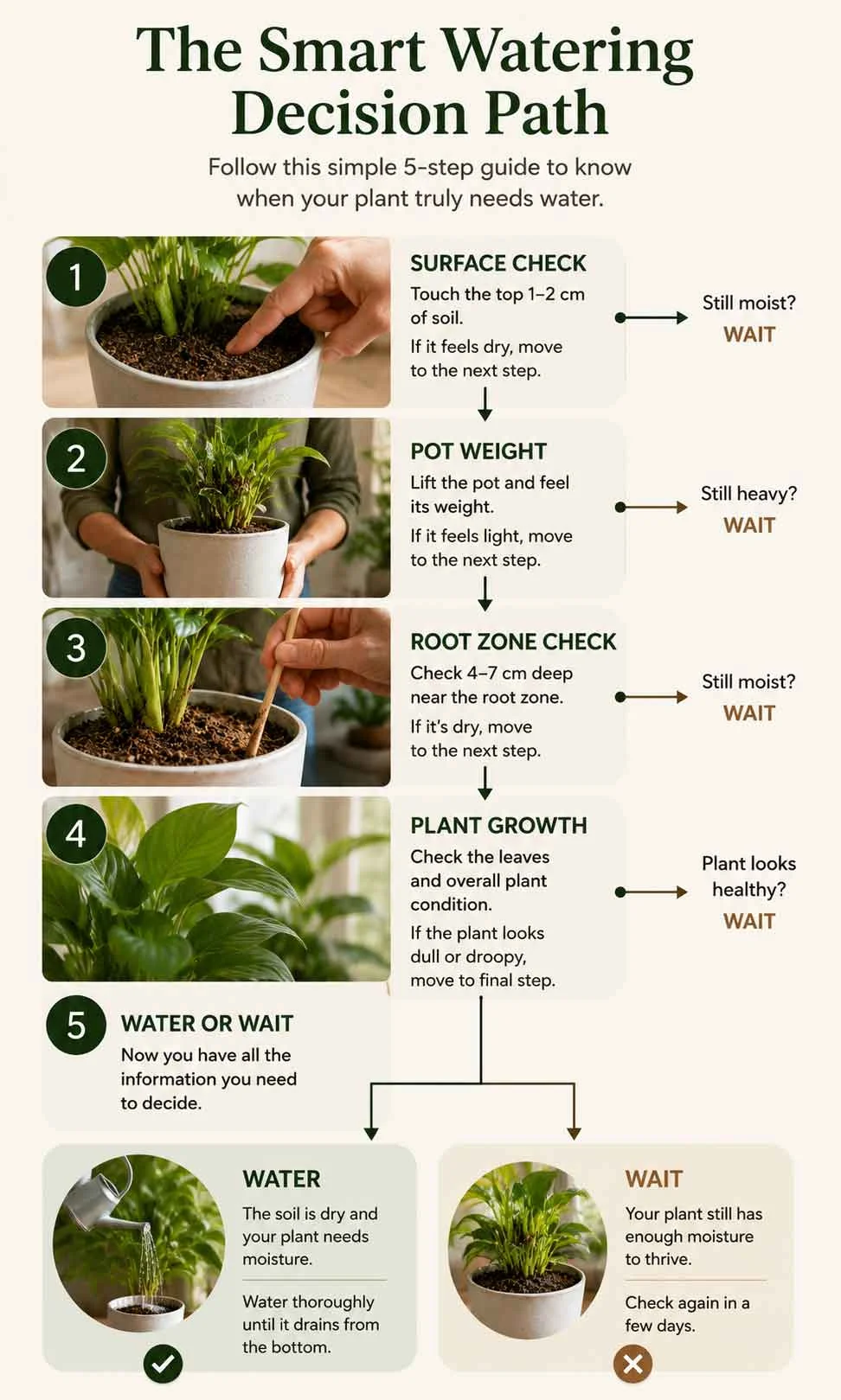 Decision flowchart for checking whether a plant needs watering