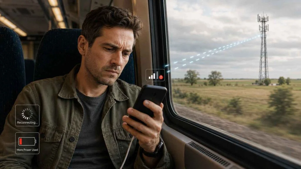 Phone struggling with weak mobile signal during travel and using more battery power
