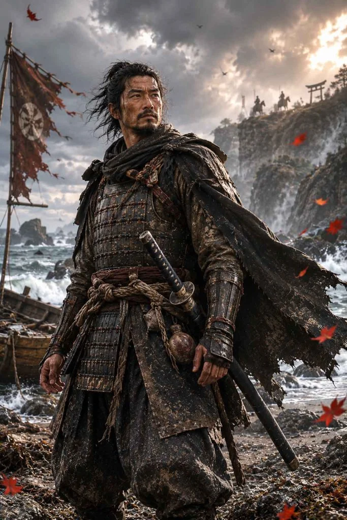 Experienced samurai arriving on a rugged island coastline before a dangerous journey