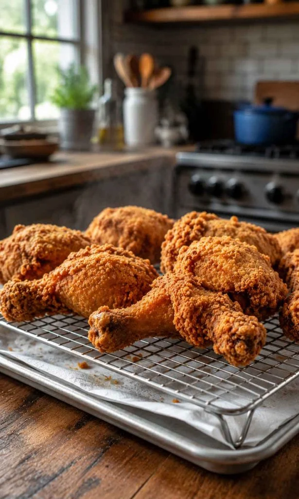Fresh fried food cooling on wire rack to maintain crispness
