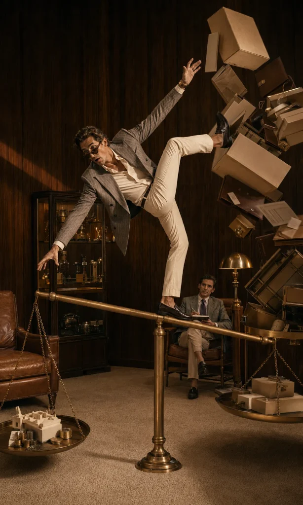 Entrepreneur balancing a business price against rising costs in a dramatic walnut and brass office scene.