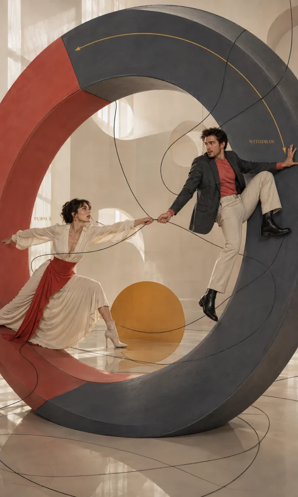 Couple moving in opposite directions around a circular structure showing pursuit and withdrawal during relationship conflict