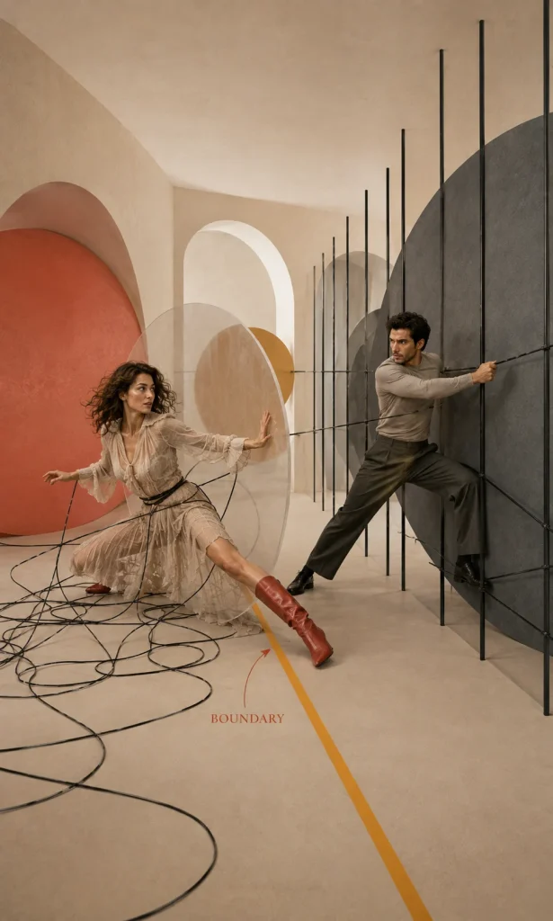 Surreal editorial scene showing a couple separated by a clear boundary between relationship strain and threatening behavior