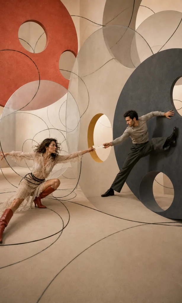 Couple passing a single message through circular openings representing calmer communication during depression