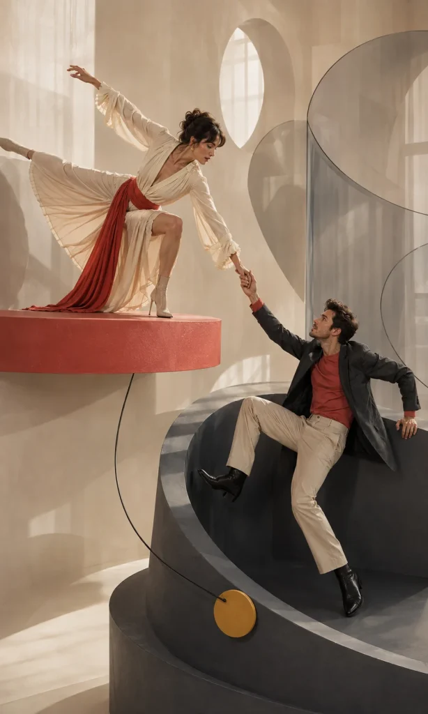 Couple balancing separate weights on connected platforms representing support and relationship boundaries