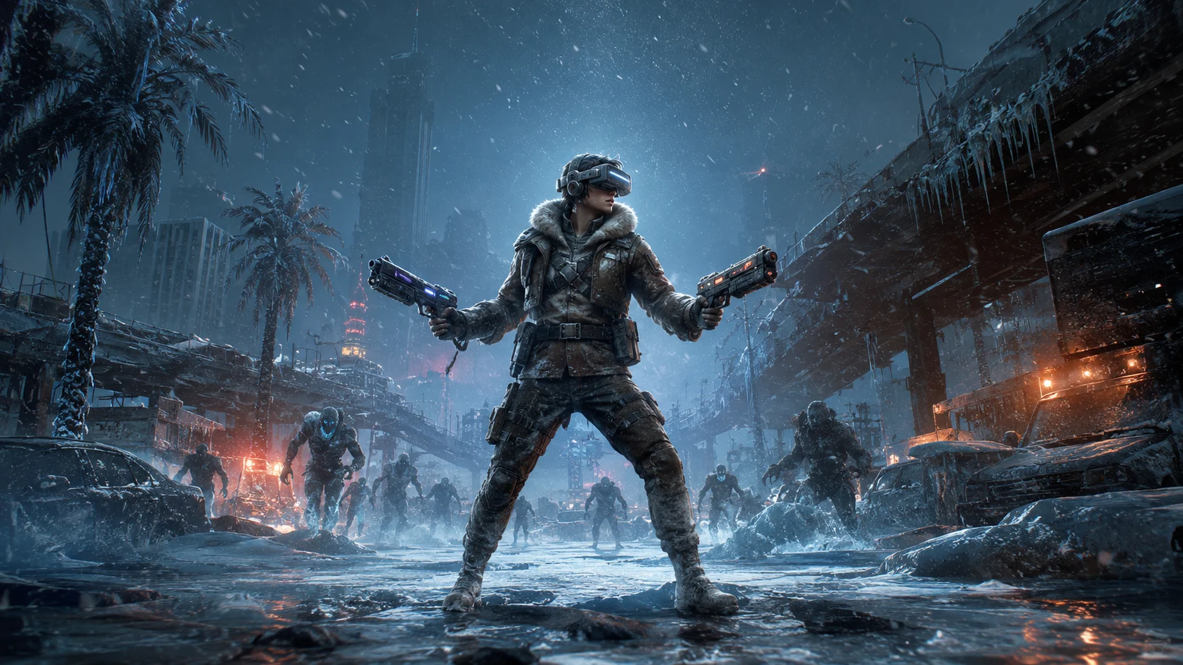 VR survivor facing a frozen post-apocalyptic city filled with hostile creatures