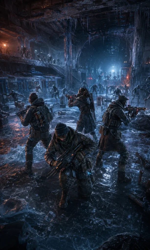 VR players defending themselves against a fast-moving frozen creature horde