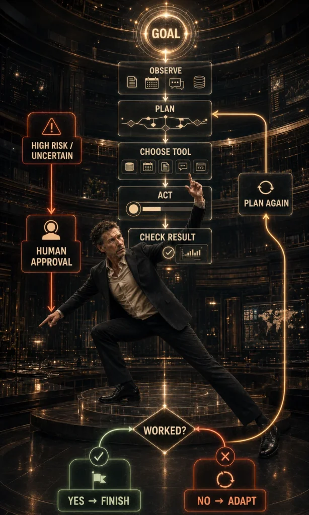 Agentic AI action loop showing goal, observation, planning, tool choice, action, checking results, adaptation and human escalation.