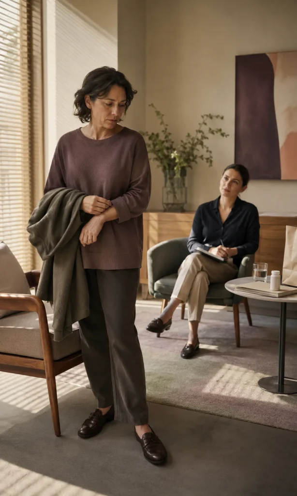 Restless patient standing beside a consultation chair while discussing new physical restlessness with a clinician