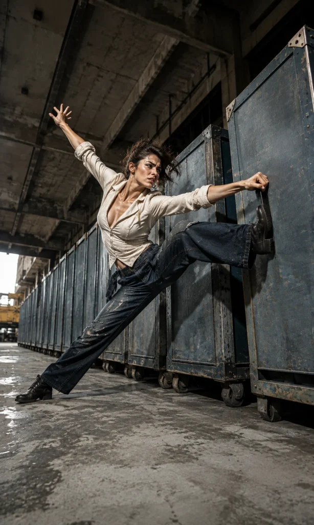 Woman contorting herself to straighten one crate in an otherwise perfectly ordered row representing all-or-nothing thinking