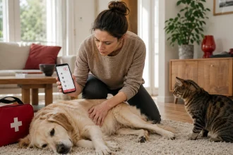Pet owner using a first aid app beside a dog during an emergency