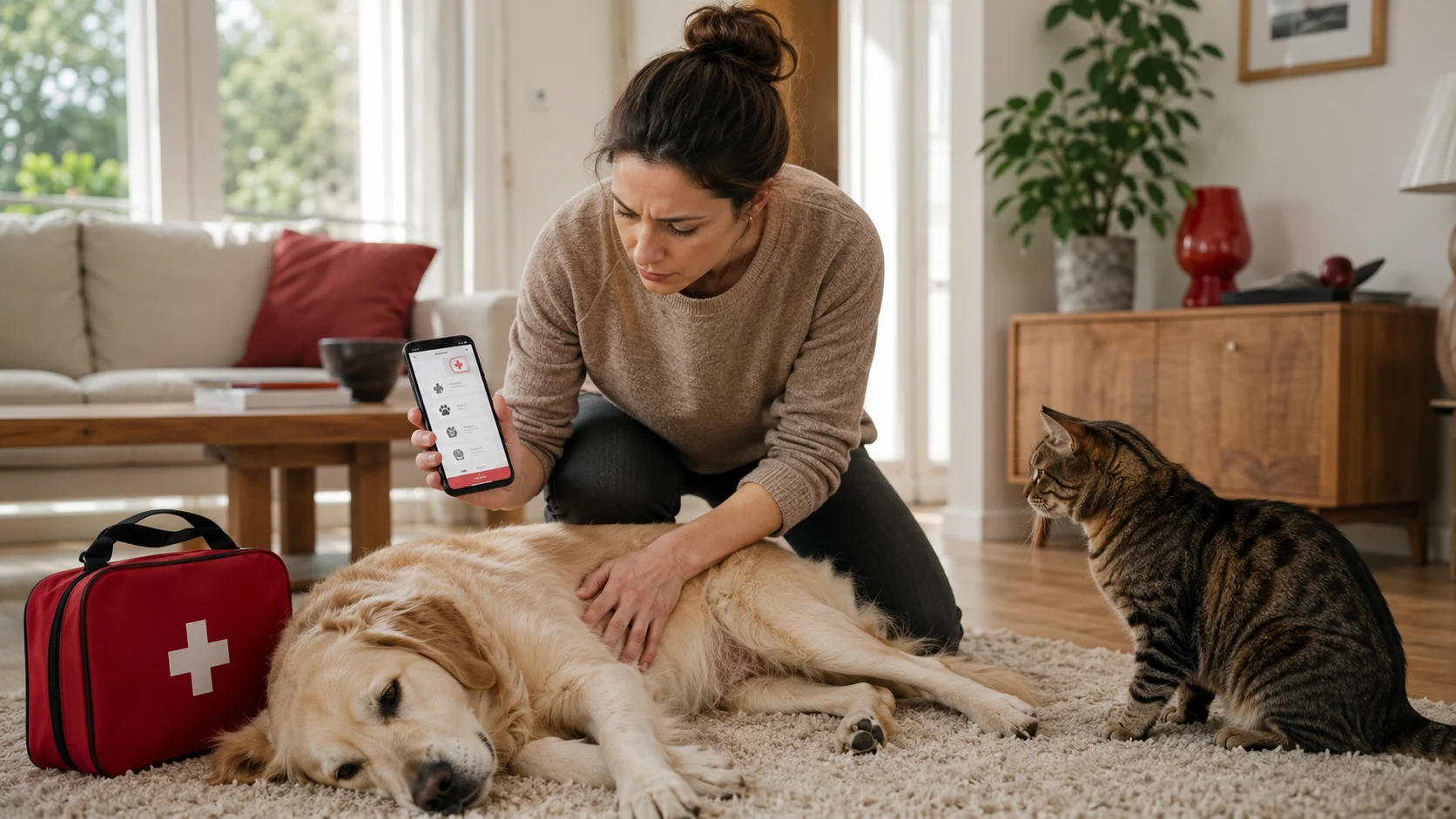 Pet owner using a first aid app beside a dog during an emergency
