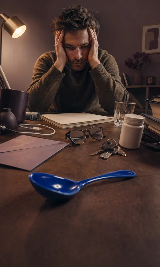 Overloaded person reacting to a small everyday frustration during depression