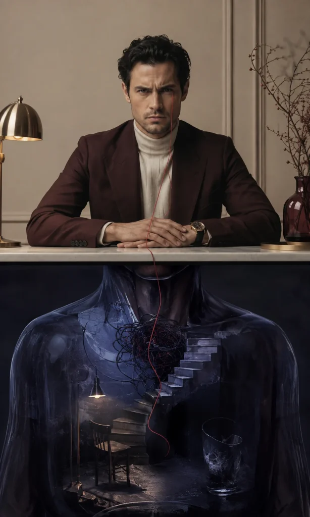 Surreal portrait showing visible irritability with hidden depressive strain beneath the surface