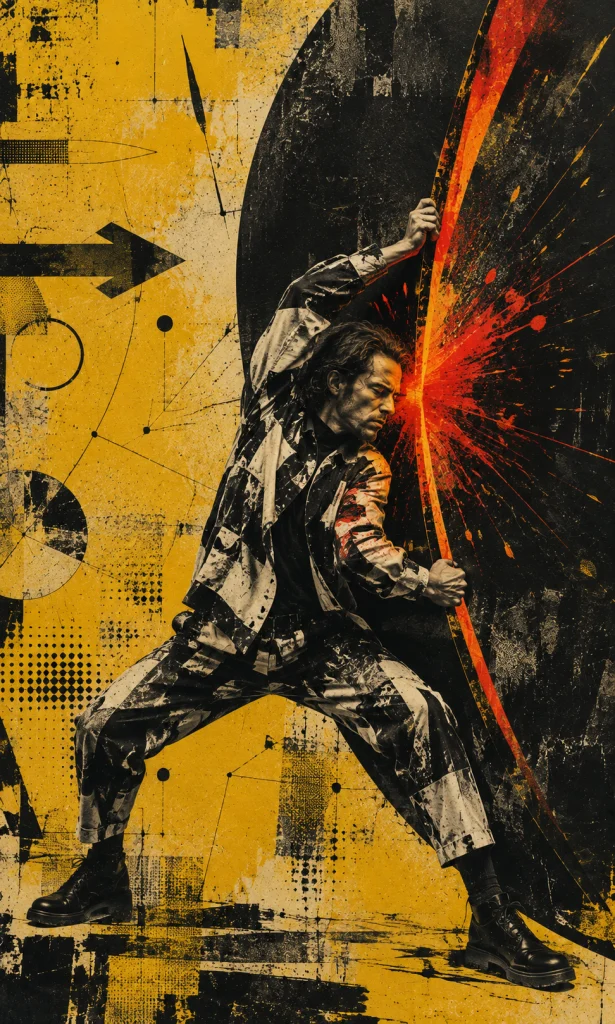 Man forcing open a heavy dark circle while color begins appearing beyond it, representing action before motivation