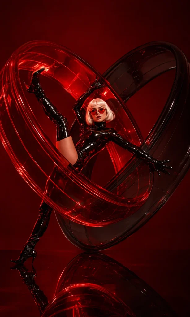 Woman physically caught between collapsing red and black structures