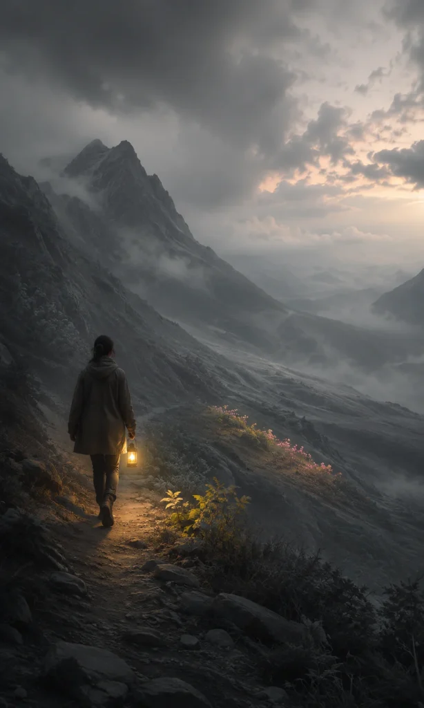 Person carrying a small glowing light through a dark landscape as subtle colour gradually returns.
