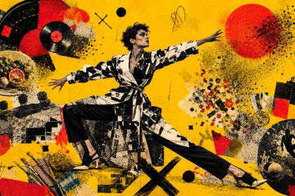 Woman reaching toward vivid symbols of pleasure that fade into black static, illustrating anhedonia in depression