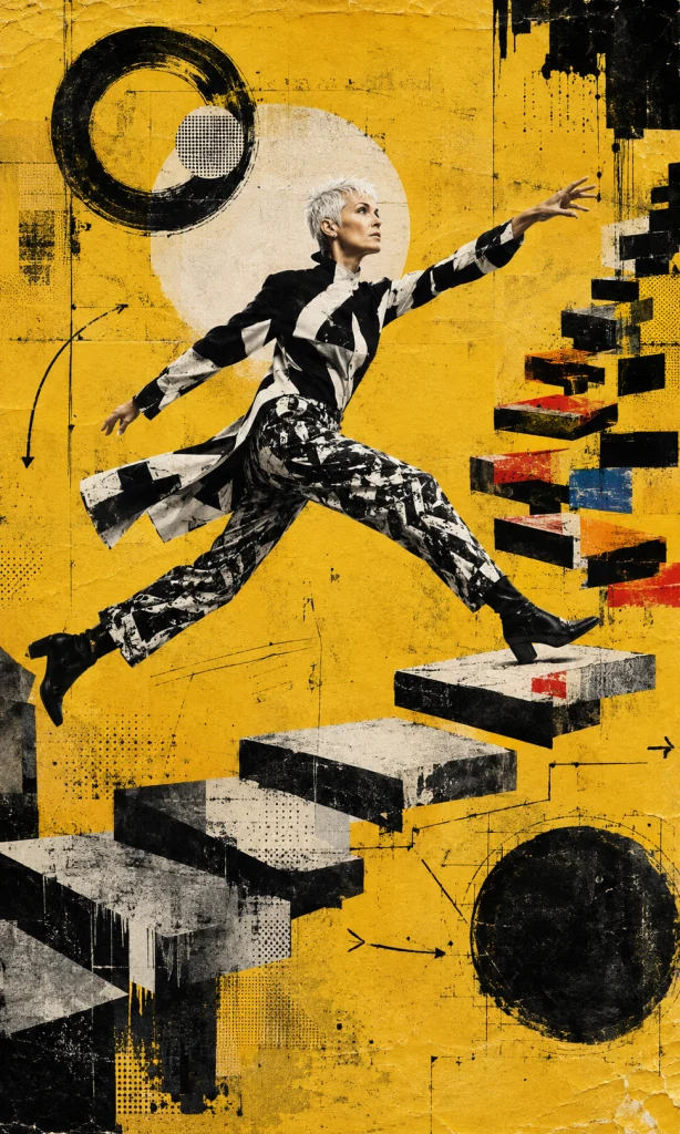 Woman stepping across fragmented blocks as color gradually returns around her, representing recovery from anhedonia